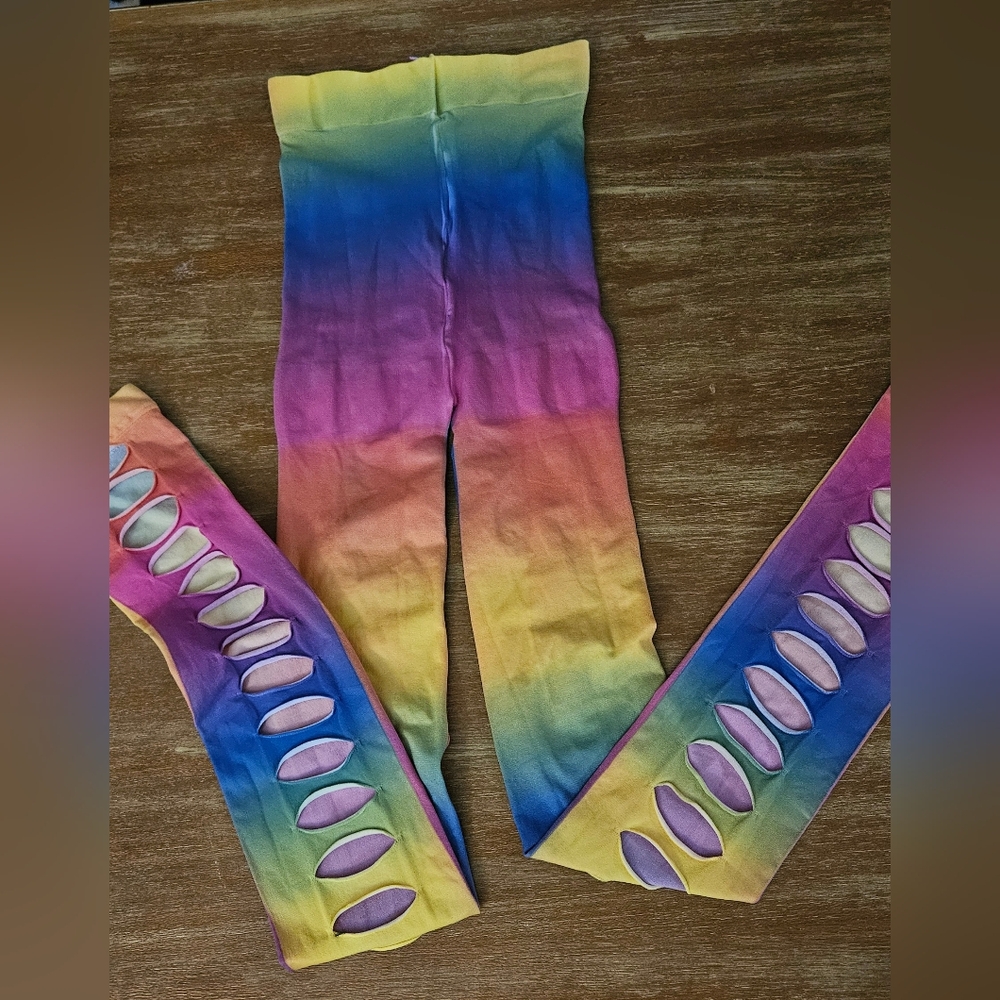 NWOT Rainbow Tie-Dye Cutout Leggings Womens Rainbow Tights Footless Tights - Picture 4 of 6